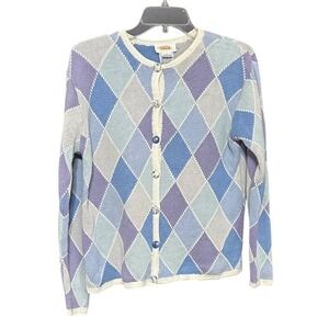 Vintage Talbots Argyle Cardigan Sweater Sz S Blue Purple Linen Cotton 80s 90s